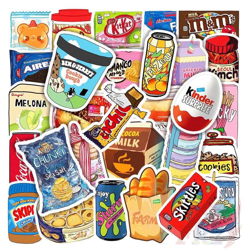 Sticker Design: Food series including Chips, Drinks, Sweets