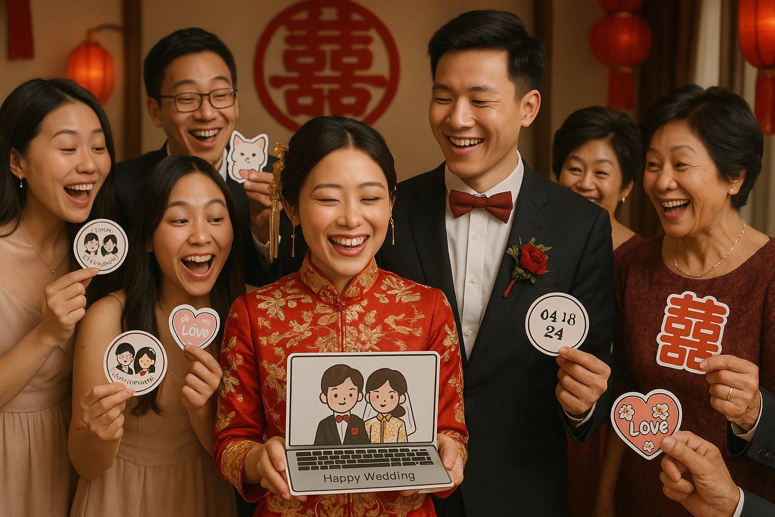can you add with the bride or groom holding a small laptop sticker , it could be the visitors also having fun comparing the stickers that the bride and groom customized and handed out