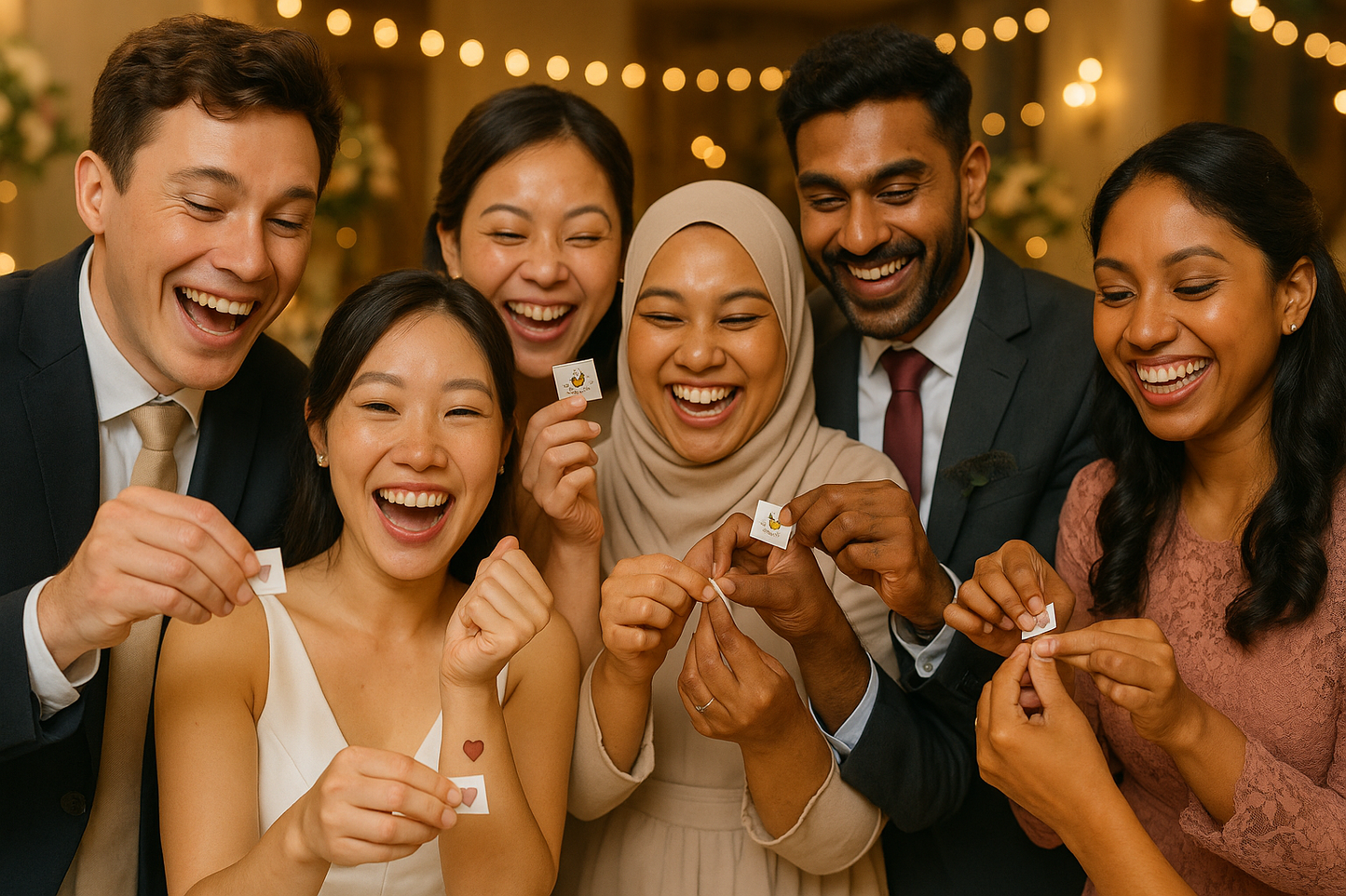 have the guests smile and be happy and replace the tattoo stickers with small wedding tattoos like heart or sun icons 