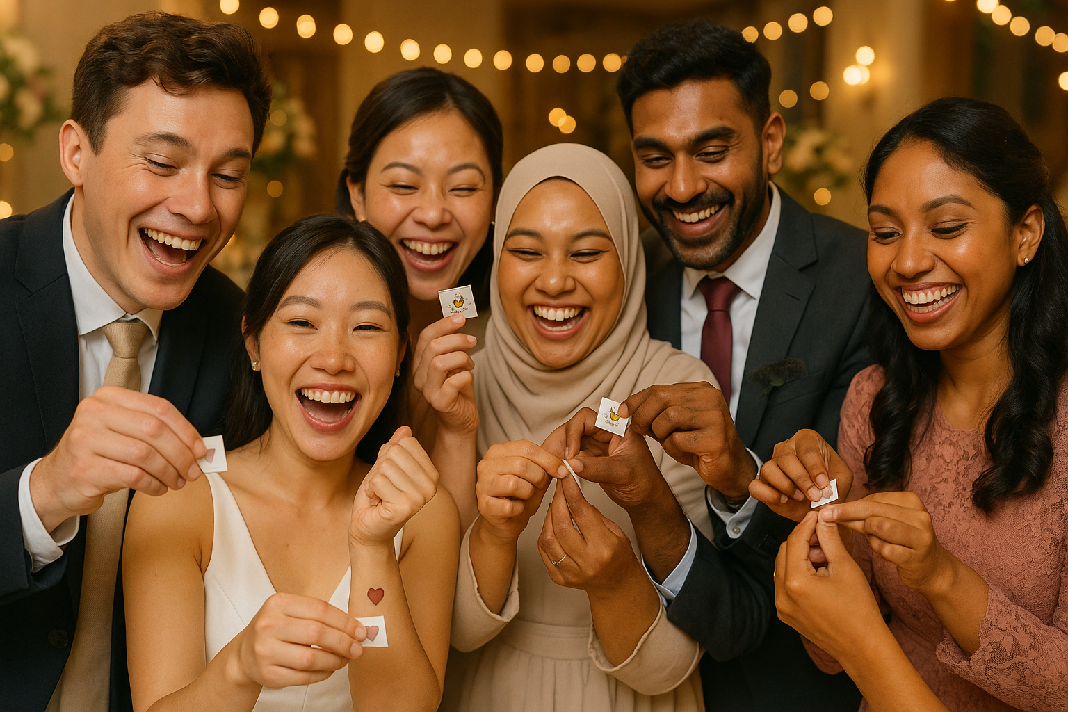 have the guests smile and be happy and replace the tattoo stickers with small wedding tattoos like heart or sun icons 