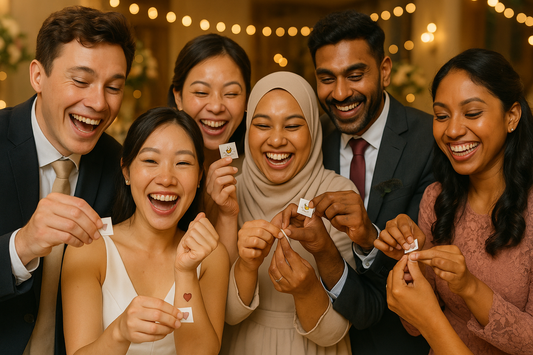 have the guests smile and be happy and replace the tattoo stickers with small wedding tattoos like heart or sun icons 