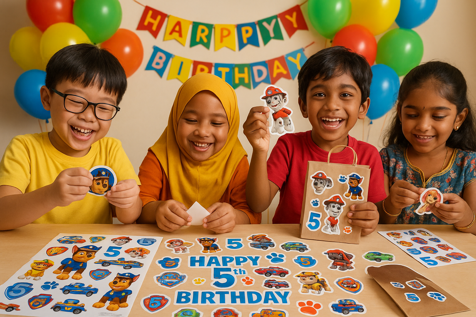 have the kids to be Singaporean races like Chinese , Malay and indian and include paw patrol 5th  birthday
