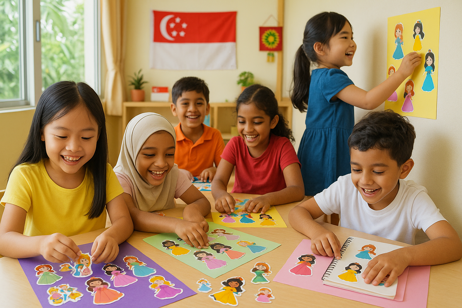show Singaporean kids pasting a princess cartoon in various ways